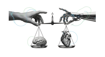 Balancing human intellect and artificial intelligence with a human hand and robotic arm weighing brain against heart symbolizes the critical choice between logic and emotion in modern decision making