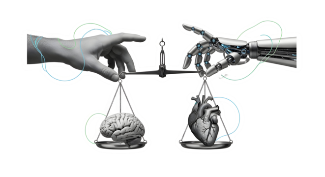 Balancing human intellect and artificial intelligence with a human hand and robotic arm weighing brain against heart symbolizes the critical choice between logic and emotion in modern decision making