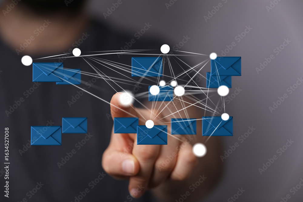 Poster image of a hand interacting with a network of email icons, representing global communication and con