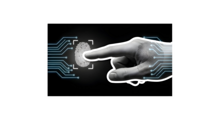 Advanced biometric security scan identifies user via fingerprint recognition technology with glowing circuit board connection for digital access and data protection.