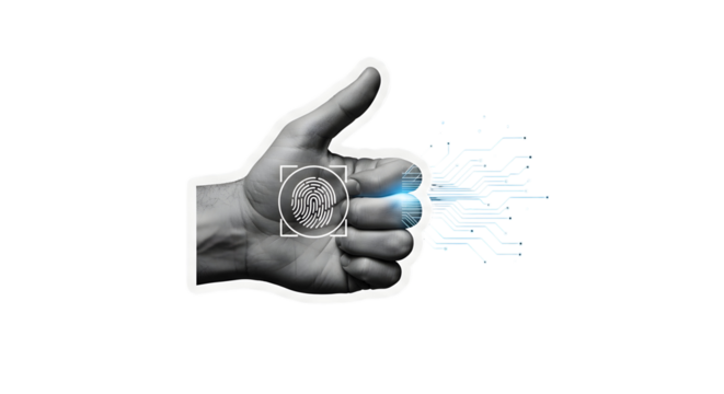 Thumbprint scan confirms secure digital identity with glowing biometric technology and futuristic circuit board patterns representing advanced cybersecurity and data protection solutions.