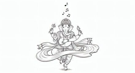 Obraz premium Joyful Lord Vinayaka dancing and playing music, a beautiful black and white line art illustration of the Hindu deity blending divine melody.