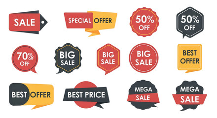 Collection of colorful sale and offer tags and banners isolated on transparent background