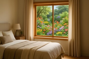 Fototapeta premium Cozy Bedroom with Vibrant Garden View Through Large Window