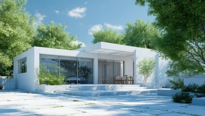 Modern white house with patio in a garden setting