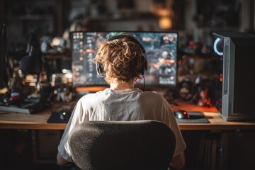 Person gaming, rear view, PC setup