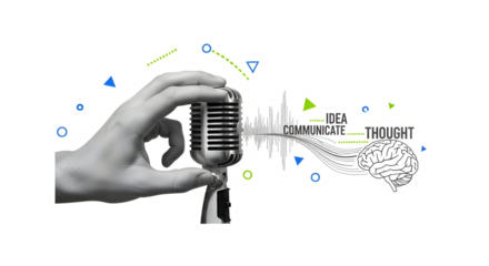 Captivating retro microphone amplifies ideas, fostering communication and sparking thoughts visualized through brain graphic and sound waves