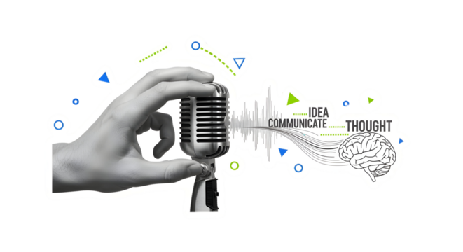 Captivating retro microphone amplifies ideas, fostering communication and sparking thoughts visualized through brain graphic and sound waves