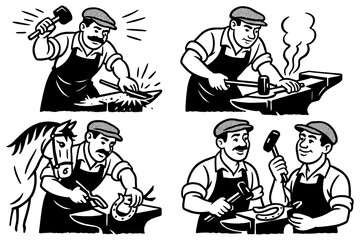 Blacksmith characters working with tools and metal in retro comic style, Transparent Background