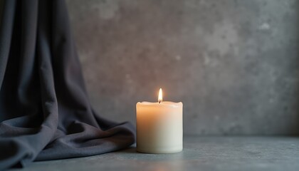 White candle burning on grey surface with fabric draping nearby  