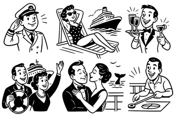 Cruise vacation scenes with passengers and ship in retro comic style, Transparent Background
