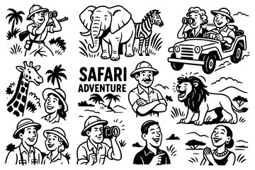 Safari adventure with people and wild animals in retro comic style, Transparent Background
