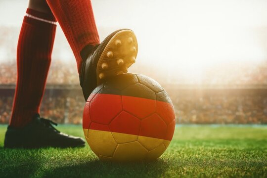 Soccer Player with German Flag Ball on Stadium Field 