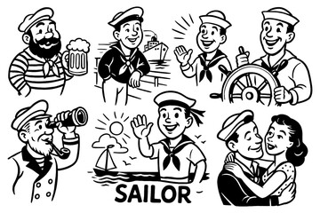 Sailor characters in maritime comic scenes with nautical elements, Transparent Background