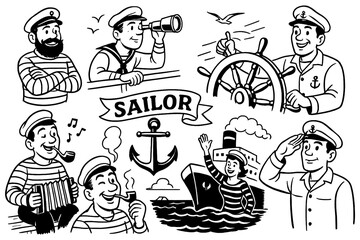 Sailor characters in maritime comic scenes with nautical elements, Transparent Background