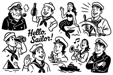 Sailor characters in maritime comic scenes with nautical elements, Transparent Background
