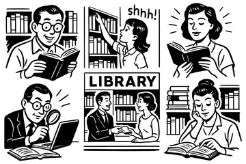 People reading and studying in retro comic library scene, Transparent Background