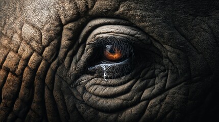 Close-up of an elderly elephant's eye with textured skin and a single teardrop