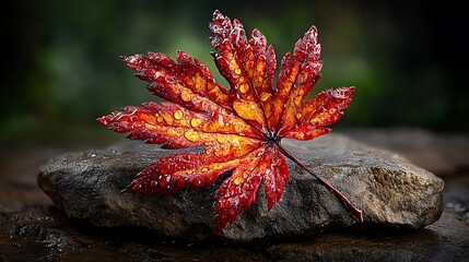 A bright red maple leaf lying on damp stone.
