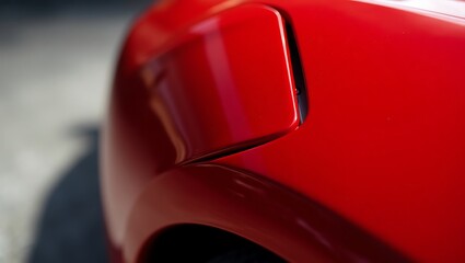 Close up of the rear quarter panel and fuel door of a glossy red sports car in bright sunlight