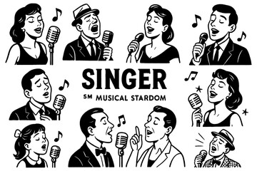 Retro singing talent show illustrations with vocal performers and vintage microphones, Transparent Background