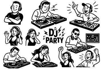 Retro DJ party illustrations with people dancing and spinning turntables in vintage comic style, Transparent Background