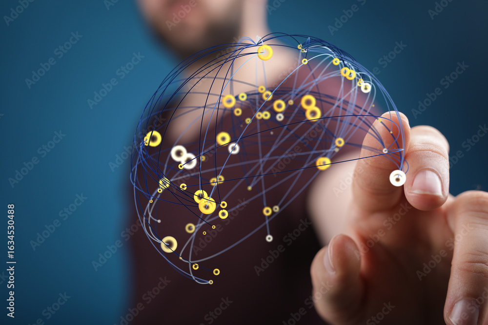 Poster image depicting a person interacting with a digital network, representing global connectivity and da