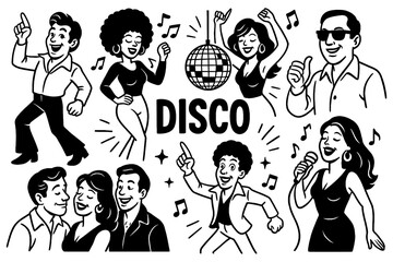 Retro disco party characters and dance icons in comic vintage style, Transparent Background