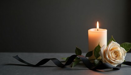 White rose and candle with black ribbon on dark background  