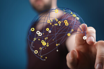 Image depicting a person interacting with a digital network, representing global connectivity and...