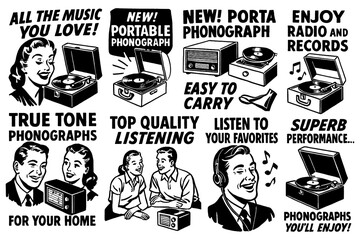 Retro people promoting vinyl records and phonographs in comic style, Transparent Background