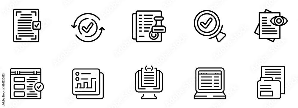 Poster collection of modern line icons: document workflow, approval, verification, and data analysis; clean