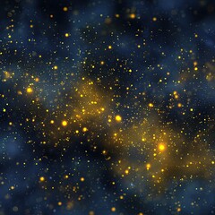 Deep space nebula with scattered golden stars. A swirling, dark expanse of space filled with countless tiny, golden stars and hazy, bluish-gold nebula clouds