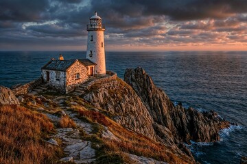 A white lighthouse stands on a rocky coastline, its beacon guiding ships across the deep blue ocean as the sun sets over the summer sky