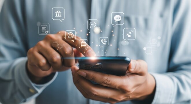 Man s hands interacting with a smartphone displaying digital icons and network connections