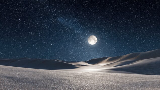 A vast, snowy desert landscape under a night sky full of stars and a bright moon.  A milky way streaking across the celestial backdrop.  Soft light illuminates the snowy dunes