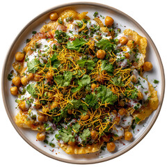 Plate of papri chaat with chickpeas yogurt on transparent background