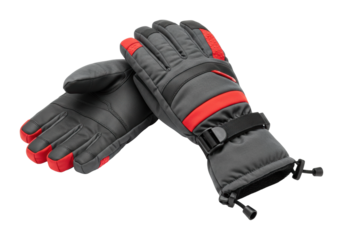 Black and red winter gloves with adjustable straps for cold weather protection. Cut out PNG