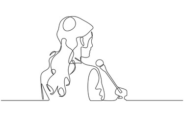 Single one line drawing of Business presentation woman trainer talking microphone vector illustration. Editable outline