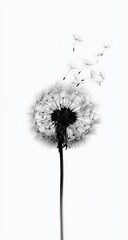 A single dandelion seed head, in monochrome, with seeds detaching and drifting away on a stark white background.  A slender stem extends upward from the seed head
