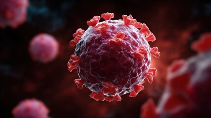 A detailed, colorful illustration of a Mpox virus, showcasing its structure and surface spikes against a dark, blurred background.