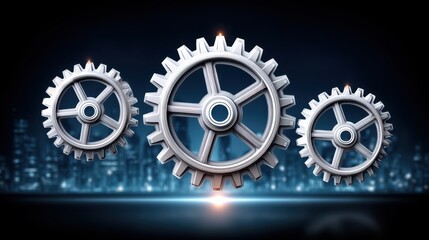 Metallic Gears with Shine and Light Effect Against Blue Background in Technological Setting