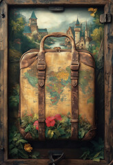 Naklejka premium A vintage suitcase with a printed world map, on a fairytale landscape.