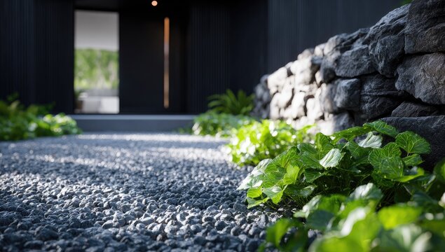 Exterior walkway with stone wall and greenery. Sunlight filters through