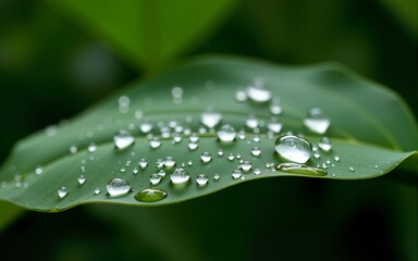 Water Droplets on Tropical Leaf with White Crystals on Green Background. High quality