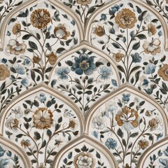 Ornate floral pattern with arched motifs.  A repeating design of  detailed flowers,  foliage, and arches in muted tones of beige, brown, and blue on a cream background