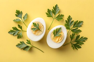Halved boiled eggs with fresh green parsley sprigs halved eggs green leaves