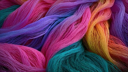 Abstract background texture of tangled colorful yarn or thread, creating a vibrant and creative wavy pattern