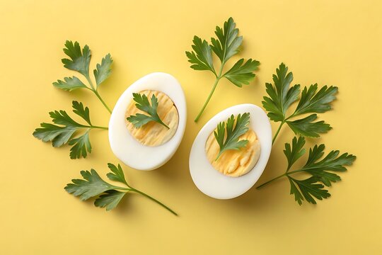Halved boiled eggs with fresh green parsley sprigs halved eggs green leaves