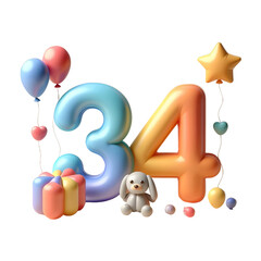 Obraz premium 3D Cartoon Plastic Balloon Number 34 with Balloon Dog on Transparent Background, Png
